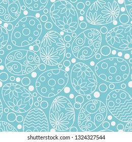 Easter eggs decorative pattern on white background. Happy Easter template with eggs, flowers and leaves. Vector flat illustration