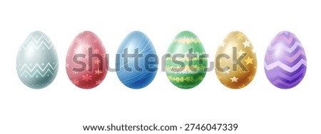 Easter eggs with decorative patterns isolated background. Set of pastel colored Easter eggs with various decorative patterns including stripes, waves, zigzags and floral motifs arranged in a row and isolated on a white background.