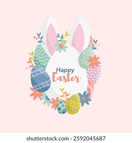 Easter eggs design with with colorful eggs, flowers, leaves. Spring holiday. Vector Illustration. sstkEaster.