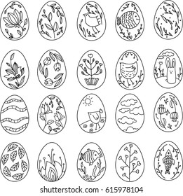 Easter eggs design outline for coloring. Outline vector template. Nature background. Children coloring book