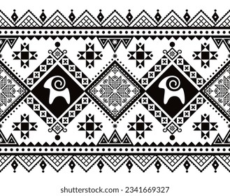 Diseño de huevos de Pascua desde Ucrania vectorial transparente largo patrón horizontal con cabras y estrellas, Hutsul Pisanky de huevos de Pascua diseño repetitivo en blanco y negro. Arte monocromático tradicional de Ucrania