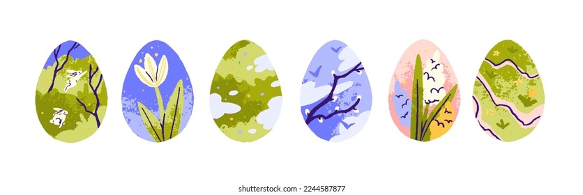 Easter eggs designs set. Painted decorations, drawings with flowers, plants, grass, nature, rabbits, bunnies. Spring holiday decor, paintings. Flat vector illustrations isolated on white background