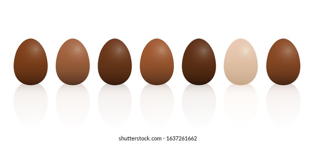 Easter eggs with different chocolate taste. Dark, light and milk chocolate. Isolated 3D vector illustration on white background.
