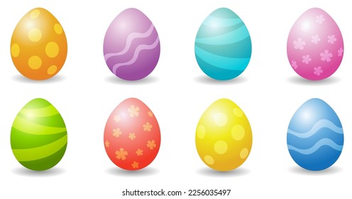 Huevos de Pascua de diferentes colores y adornos. Ilustración del vector
