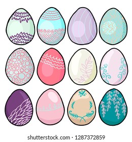 Easter eggs with different designs and color patterns. Sweet colors