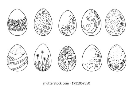 Easter eggs with different ornaments drawn in outline doodle style. Coloring book for children's book. Vector illustration.