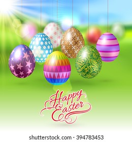 Easter Eggs with Different Ornaments on Green Blur Background