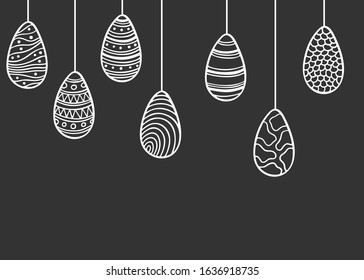 Easter eggs with different patterns hangs on dark background. Vector image, copy space.