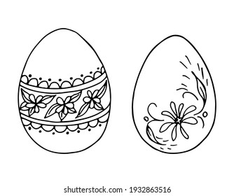 Easter eggs with different patterns isolated on white background. Doodle style drawn by contour. Vector illustration.