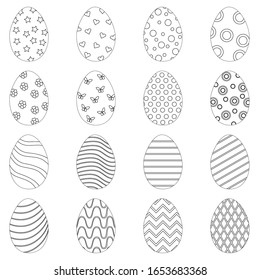 Easter eggs with different patterns. Linear vector illustration on a white background.