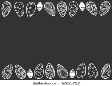 Easter eggs with different patterns on dark background. Vector image, copy space.