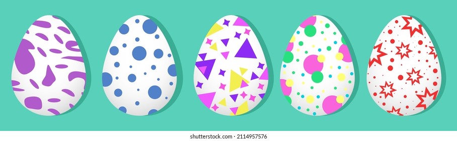 Easter eggs with different patterns. Set of 5 eggs with patterns. Bright colors. Geometric patterns. Festive decoration. Green background. Form and shadow. Vector.