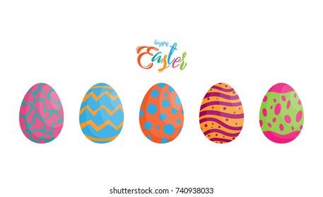 Easter eggs different texture with colorful happy easter text, vector illustration