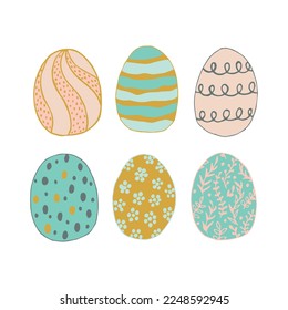 Easter eggs with different texture multicolored set isolated on a white background. Spring holiday. Happy Easter. Vector Illustration.