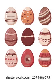 Easter eggs with different texture multicolored set isolated on a white background. Spring holiday. Happy Easter. Vector Illustration.