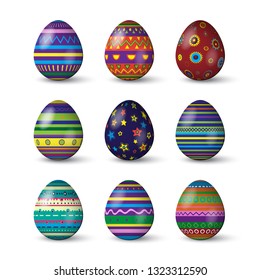 Easter eggs with different texture on white background. Vector spring holiday elements