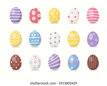 Easter eggs with different texture set isolated on a white background. Spring holiday. Happy Easter Vector Illustration.