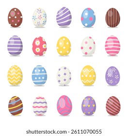 Easter eggs with different texture set isolated on a white background. Spring holiday. Happy Easter Vector Illustration.