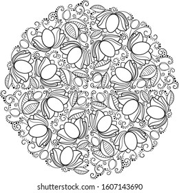 Easter eggs and doodle blossom flowers coloring mandala. black on  transparent  vector