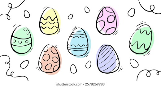 Easter eggs doodle, line art with holiday symbols, set of decorated egg stickers and drawings. Vector illustration.