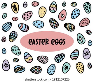 Juego de doodles de huevos de Pascua. Ilustración vectorial dibujada a mano. Iconos decorados de huevo de Pascua