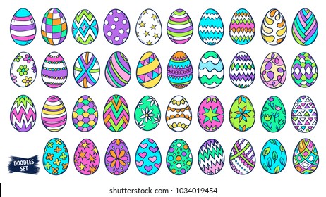 Easter eggs doodle set. Spring holiday symbol. Egg ornaments sketch. Hand drawn scribbles. Easter eggs doodle. Patch badges. Set of simple doodles. Kids drawing. Vector collection isolated on white.