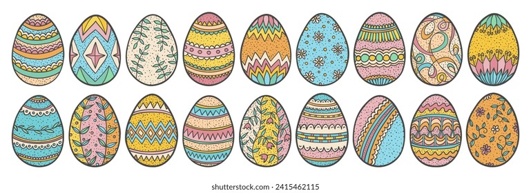 Easter eggs doodle set. Spring holiday symbol. Egg ornament sketch. Hand drawn retro style easter doodles. Easter eggs ornament sketch.