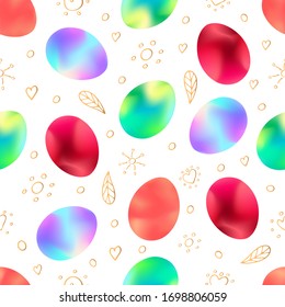 Easter eggs and doodles ornament vector seamless pattern. Multi-colored eggs seamless texture. Packaging, textiles, wrapping paper, wallpaper design. Isolated objects on a white background.