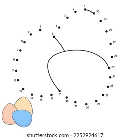 Easter eggs. Dot to dot Game. Connect the dots by numbers and finish draw cartoon Eggs. Logic Game and Coloring Page with answer. Easter concept. Education card for kids learning counting number 1-30.