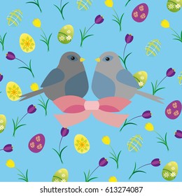 Easter eggs and doves and flowers on a blue background