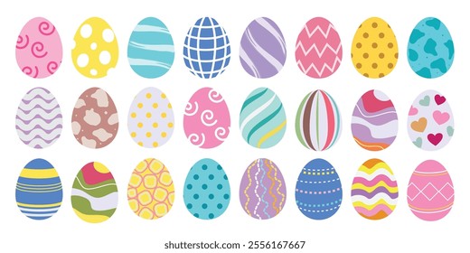 Easter eggs drawing clip art set. Easter egg flat collection clipart in pastel, colorful and multicolored graphic elements. Vector illustration holiday hunting decoration. 
