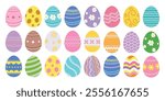 Easter eggs drawing clipart set. Happy easter egg flat clip art collection in colorful and multicolored paint art for traditional hunting celebration. Vector illustration flat oval shape elements.  
