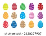 Easter eggs drawing clipart set. Happy easter egg flat clip art collection in colorful and multicolored paint art for traditional hunting celebration. Vector illustration flat oval shape elements.