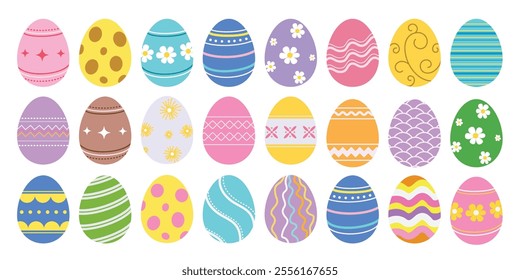 Easter eggs drawing clipart set. Happy easter egg flat clip art collection in colorful and multicolored paint art for traditional hunting celebration. Vector illustration flat oval shape elements.  
