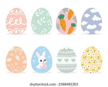 Easter eggs drawing clipart set. Happy easter egg flat clip art collection in colorful and multicolored paint art for traditional hunting celebration. Vector illustration flat oval shape elements.