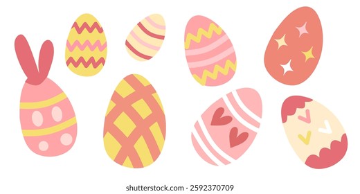 Easter eggs drawing clipart set. Happy easter egg flat clip art collection in pink colorful. Multicolored paint art for traditional hunting celebration. Vector illustration flat oval shape elements.