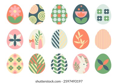 Easter eggs drawing clipart set. Happy easter egg flat clip art collection in colorful and multicolored paint art for traditional hunting celebration. Vector illustration flat oval shape elements.