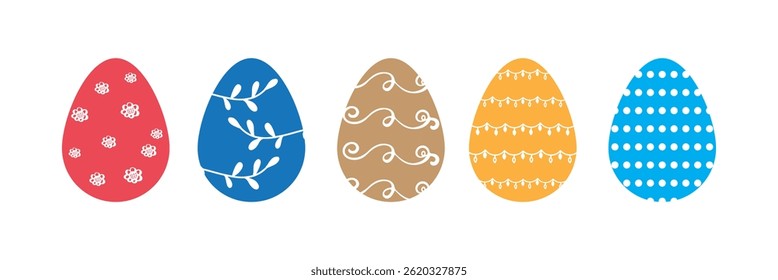 Easter eggs drawing clipart set. Happy easter egg flat clip art collection in colorful and multicolored paint art for traditional hunting celebration. Vector illustration flat oval shape elements.