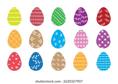 Easter eggs drawing clipart set. Happy easter egg flat clip art collection in colorful and multicolored paint art for traditional hunting celebration. Vector illustration flat oval shape elements.