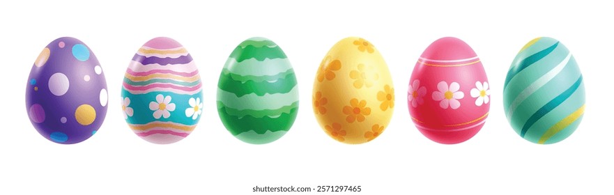 Easter eggs drawing colorful clipart set. Easter egg 3d graphic elements clip art with flowers, pattern and prints collection. Vector illustration oval egg hunt design. 
