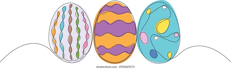Easter eggs drawn by continuous one line. Minimalist style Happy Easter concept. Greeting banner design. Vector illustration.