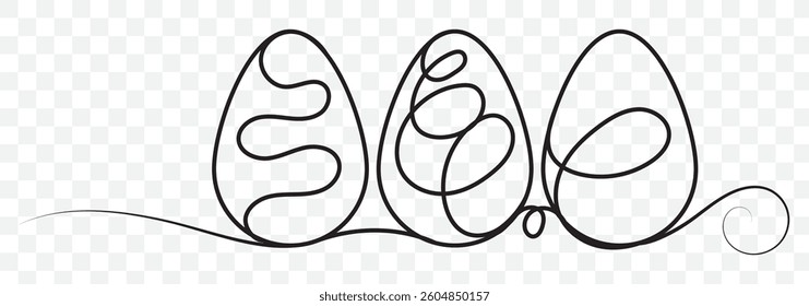 Easter eggs drawn by one line. Happy Easter concept. Greeting banner design. Modern Art. Vector illustration in minimalist style on Transparent Background.