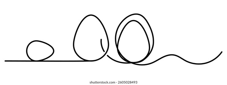 Easter eggs drawn by one line. Happy Easter concept. Greeting banner design in minimalist style. Easter Bunny continuous one line drawing. Easter border with eggs and cute cartoon bunny line art. 