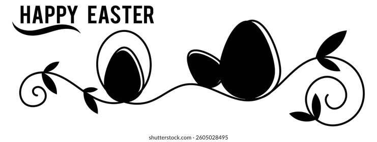 Easter eggs drawn by one line. Happy Easter concept. Greeting banner design in minimalist style. Easter Bunny continuous one line drawing. Easter border with eggs and cute cartoon bunny line art. 