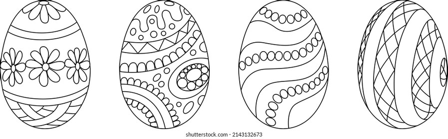 Easter eggs drawn in outline. Easter coloring book. Vector drawings of eggs with patterns. Can be used to create greeting banners, postcards, for advertising on the Internet or printing in the polygra
