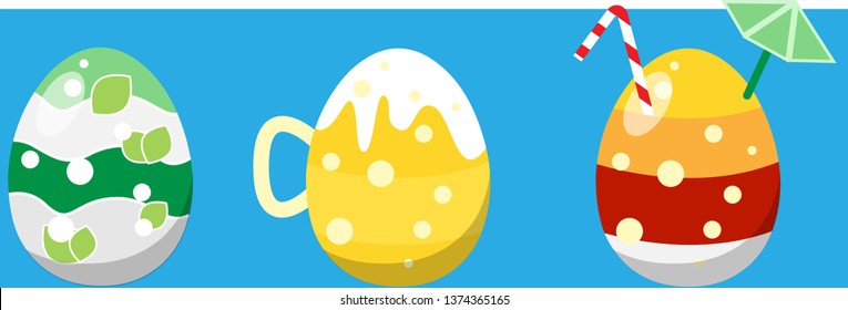 Easter Eggs with drinks/cocktails! Vector, fully editable  Mojito, beer, sex on the beach)