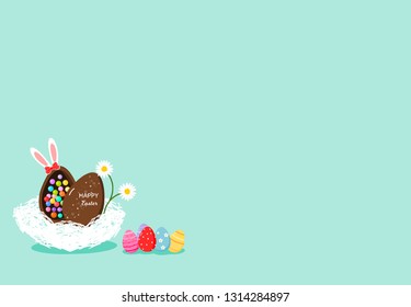 Easter eggs with ear bunny in nest  on pastel color background with space.