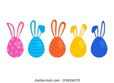 Easter eggs with ears of bunny, vector colorful rabbits, cute cartoon characters. Holiday simple illustration