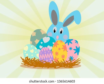 Easter eggs and egg rabbit in beautiful background