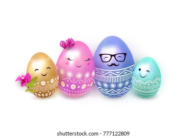 Easter eggs, elegant festive design, a Happy family: father, mother and children. Isolated group of 3D objects. Vector illustration